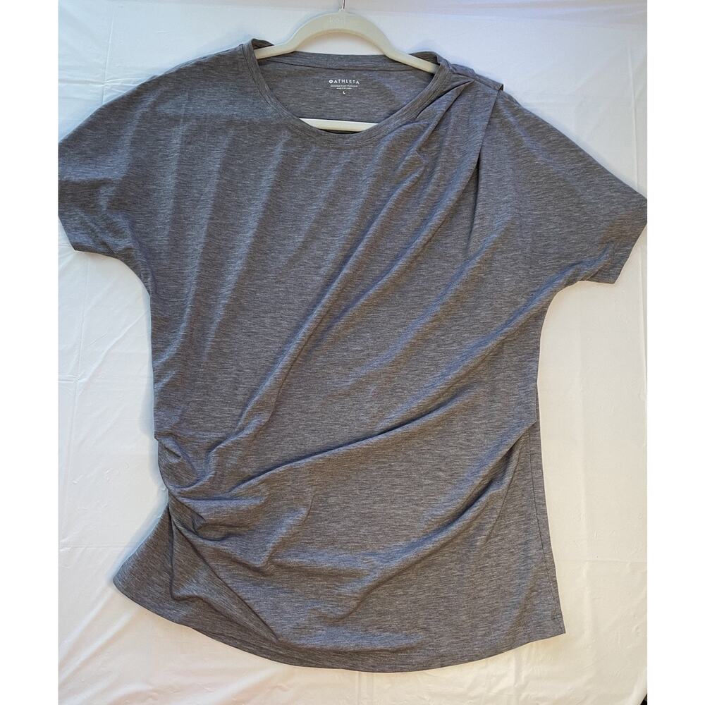 Athleta Women's Grey Ruched Short Sleeve Round Neck Activewear Top Size L